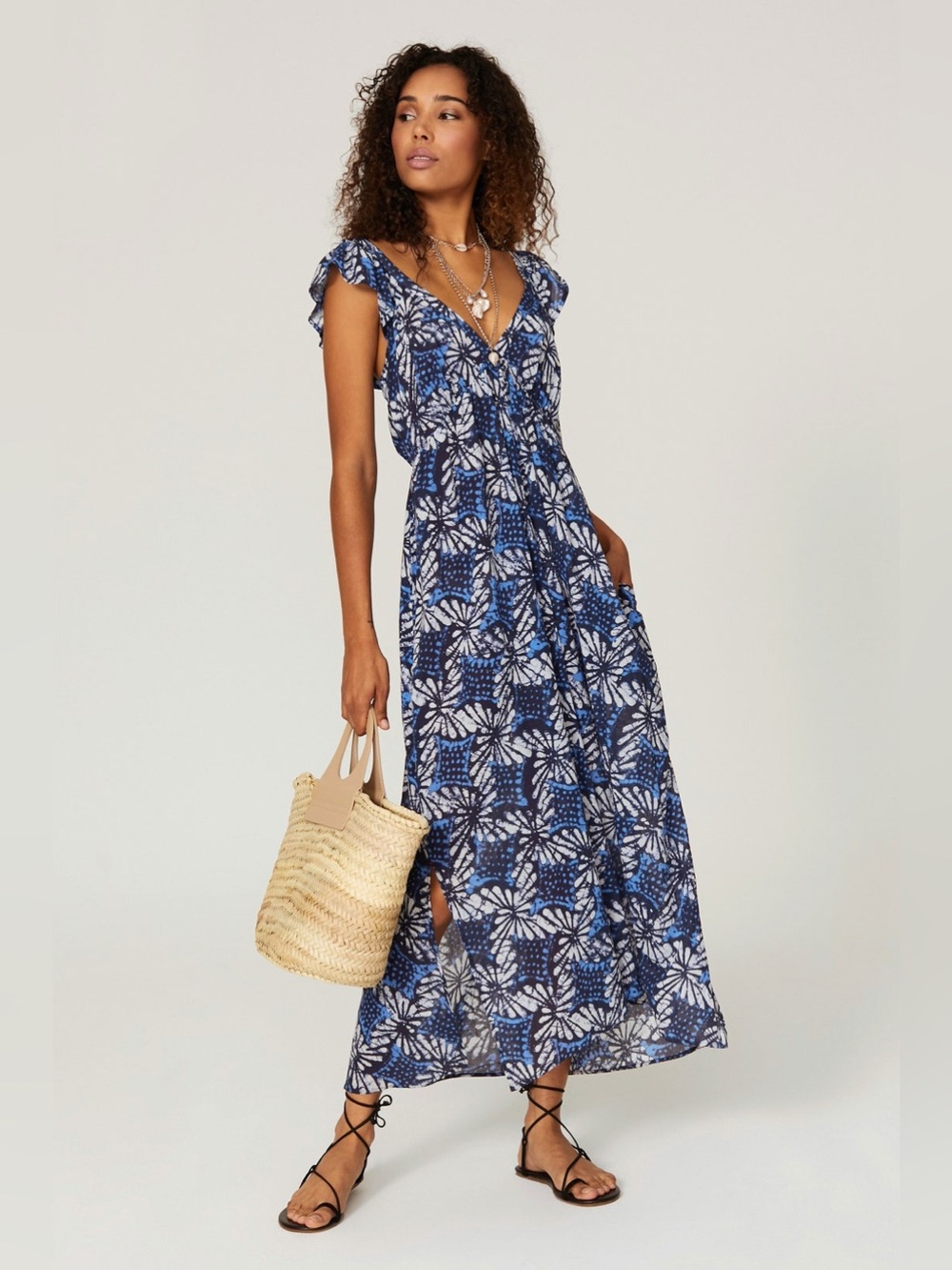 Xirena Leyla Dress Water Blue Print Cotton Gauze Maxi Dress Size S